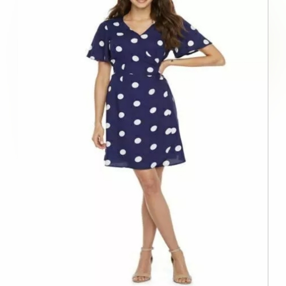 Peyton Parker Womens Wrap Dress Blue Polka Dot Short Flare Sleeve V-Neck Size S